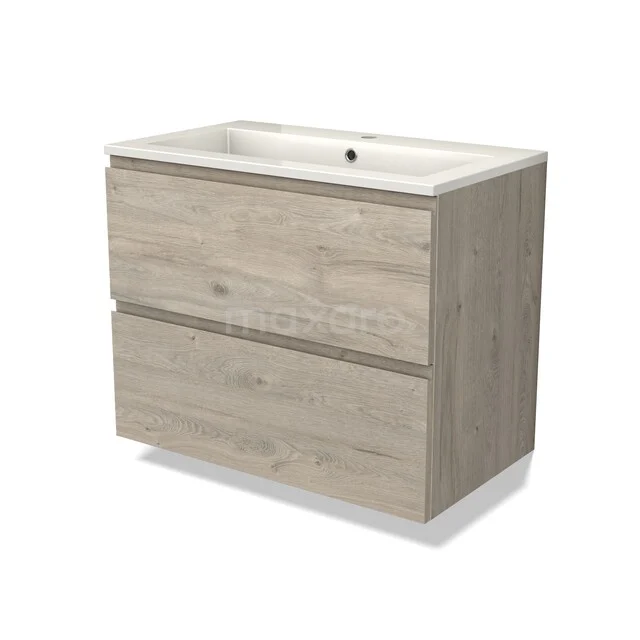 Modulo Vanity units with basin | 80 cm Light grey oak Handle-less front Mineral marble 2 Stacked drawers BMW17-05510 Houten badkamermeubel met twee lades in licht eiken, inclusief witte wastafel en strak modern design.