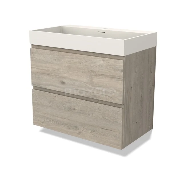 Holz Badezimmermöbel mit zwei Schubladen, natürliche Eiche Optik und integrierter weißem Waschbecken, modernes und klares Design.