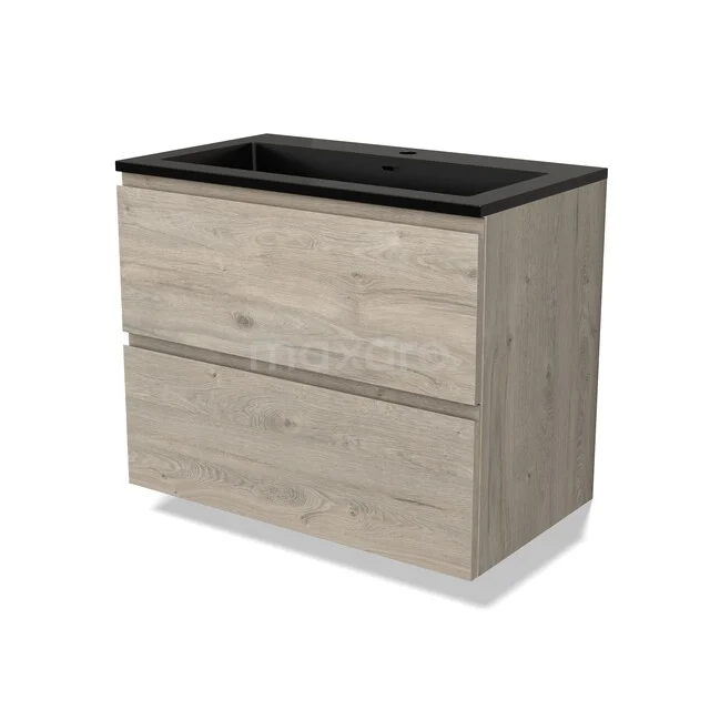 Badmöbel mit Waschbecken Modulo BMW17-05515 Holz Badezimmermöbel mit 2 Schubladen und schwarzem Waschbecken, modernes Design, ideal für ein stilvolles und funktionales Badezimmer.