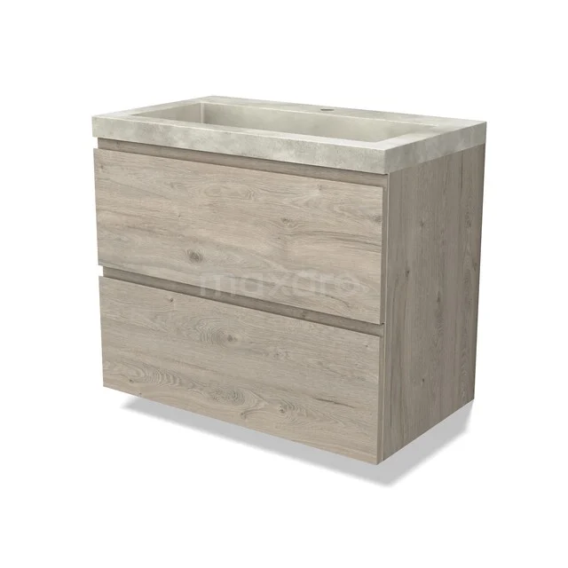 Modulo Bathroom furniture with sink | 80 cm Light grey oak Handle-less front Concrete 2 Stacked drawers BMW17-05516 Wooden bathroom furniture with two drawers in light oak colour and a matching natural stone sink top.