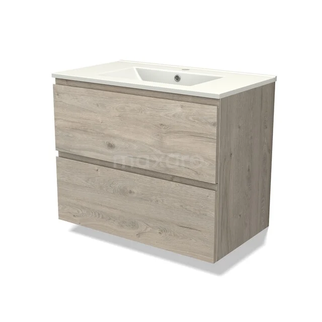 Modulo Waschtische | 80 cm Hellgraue Eiche Grifflos front Keramik 2 übereinanderliegende Schubladen BMW17-05519 Holz Badezimmermöbel mit zwei Schubladen, Natur Eiche Finish, keramisches Waschbecken und modernes Design für stilvolle Bäder.