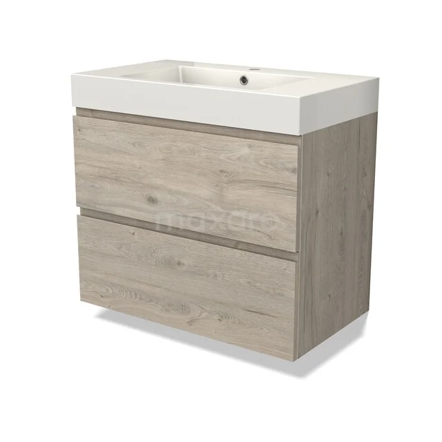 Badmöbel mit Waschbecken Modulo BMW17-05520 Holz Badezimmermöbel mit zwei Schubladen, heller Eiche Farbe, einschließlich weißem keramischen Waschbecken für moderne Badezimmer.