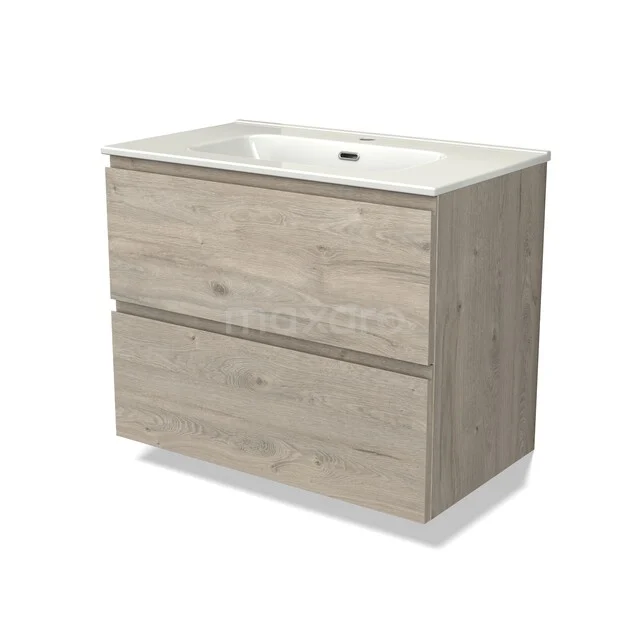 Modulo Bathroom furniture with sink | 80 cm Light grey oak Handle-less front Ceramic 2 Stacked drawers BMW17-05521 Wooden bathroom furniture with two drawers and integrated sink, light oak finish, sleek and modern design.
