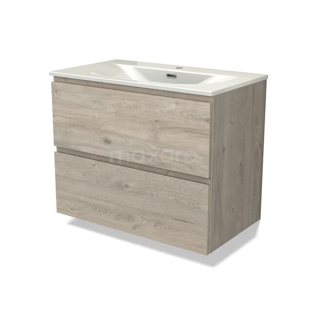 Holz Badezimmermöbel mit 2 Schubladen, Eiche-Look, mit integriertem Waschbecken, schlichtes und modernes Design.