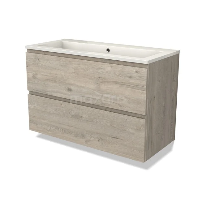 Houten badkamermeubel met twee lades in lichte eikenlook, gecombineerd met een wit keramisch wastafelblad.