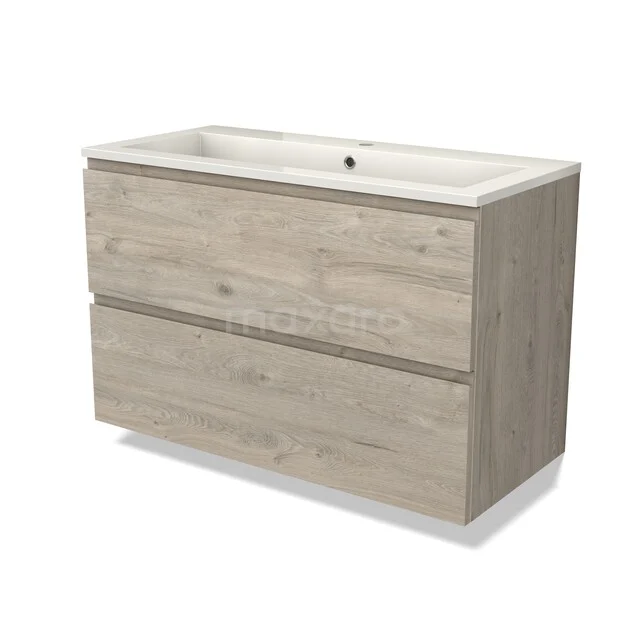 Houten badkamermeubel met twee lades, natuurhoutdesign, met keramische wastafel, ideaal voor een moderne badkamer.