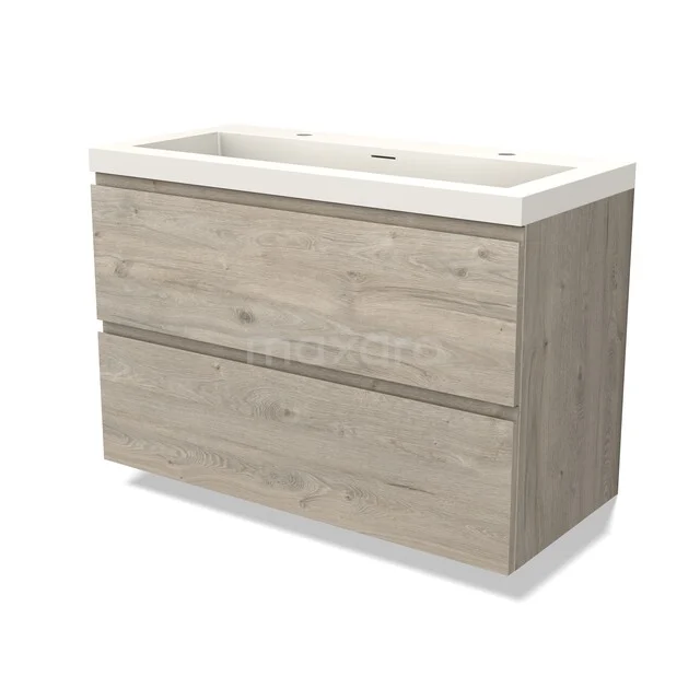 Badkamermeubel houtlook met twee laden, breed model, inclusief witte wastafel van keramiek, modern en stijlvol ontwerp.