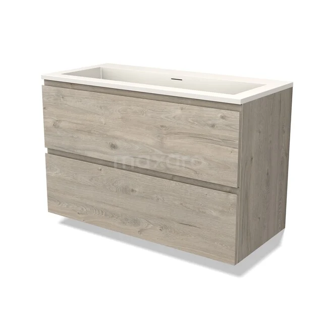 Modulo Vanity units with basin | 100 cm Light grey oak Handle-less front Solid surface 2 Stacked drawers BMW17-05531 Houten badmeubel met twee lades, licht eiken kleur, mineraalmarmer wastafel, ideaal voor moderne badkamerinrichting.