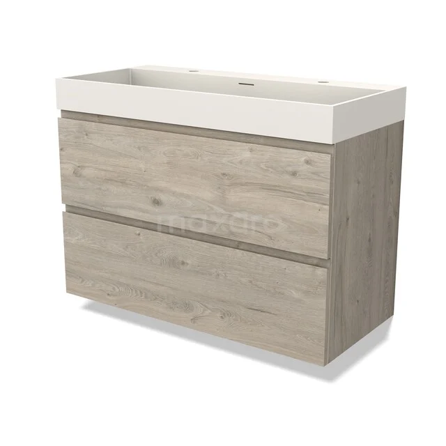 Wooden bathroom furniture with two drawers, beige oak look, with a white ceramic sink, modern design.