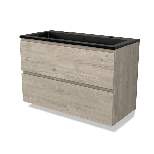 Badmöbel mit Waschbecken Modulo BMW17-05536 Holz Badezimmermöbel mit zwei Schubladen, schwarzem Waschbecken und modernem Design; ideal für stilvolle Badezimmerlagerung.