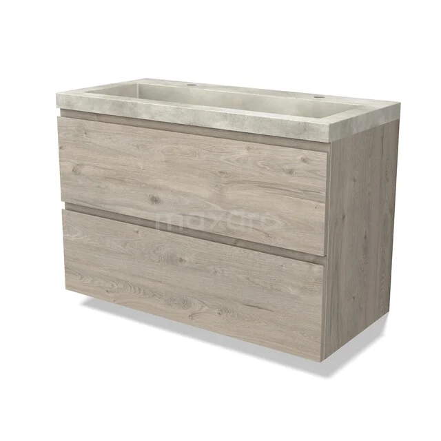 Eichenholz Badmöbel mit Betonlook Waschbecken, 2 Schubladen und moderner Ausstrahlung, ideal für eine stilvolle Badezimmerinrichtung.