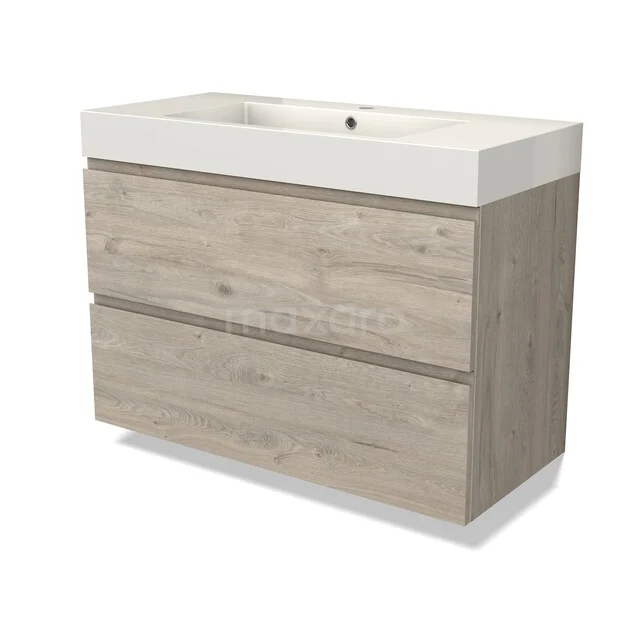 Wooden bathroom furniture with two drawers in natural oak look and white ceramic sink, ideal for modern bathrooms.