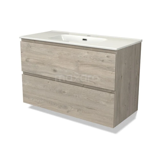 Holz Badmöbel mit Waschbecken, Eiche Look, zwei Schubladen, schlichtes Design, ideal für moderne Badezimmerlagerung.