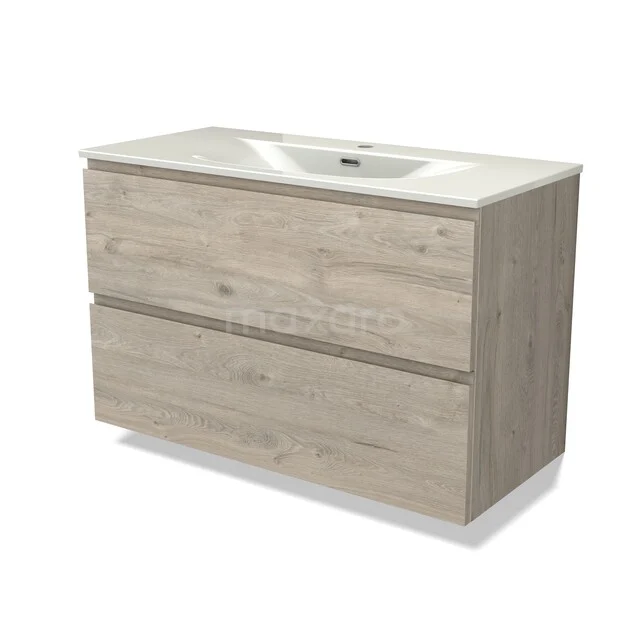 Wooden bathroom furniture with two drawers, light oak colour, including white ceramic sink; modern and sleek design.
