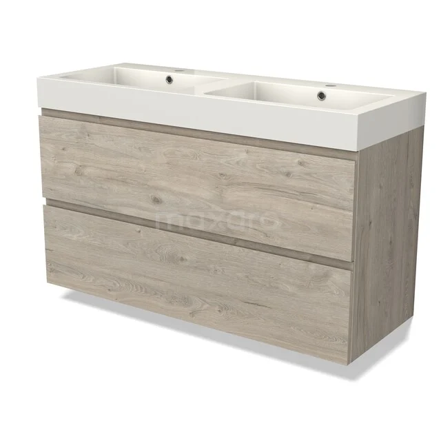 Dubbele wastafel met lichte houtlook onderkast, modern design, ideaal voor badkameropslag en stijlvolle inrichting.