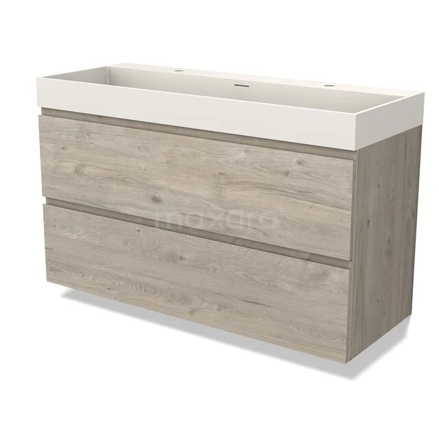 Wooden bathroom furniture with a double sink, modern structure, and two spacious drawers for stylish bathroom storage.