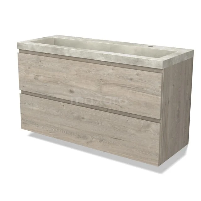 Modulo Badkamermeubel met wastafel | 120 cm Lichtgrijs eiken Greeploos front Beton 2 lades onder elkaar BMW17-05573 Houten badkamermeubel met twee lades en betonlook wastafel, ideaal voor een stijlvolle en moderne badkamer inrichting.
