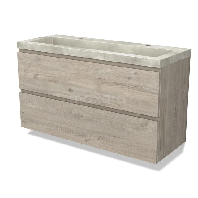 Holz Badezimmermöbel mit zwei Schubladen und Betonlook Waschbecken, ideal für eine stilvolle und moderne Badezimmer Einrichtung.