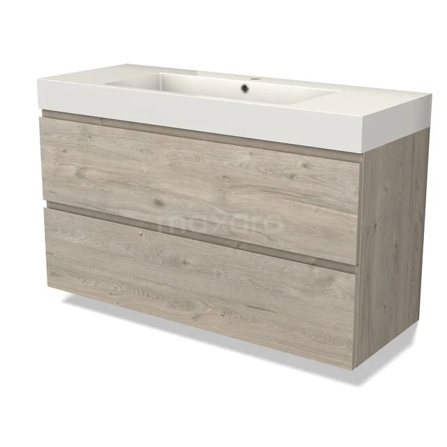 Badmöbel mit Waschbecken Modulo BMW17-05575 Holz Badezimmermöbel mit zwei Schubladen, heller Eiche Oberflächenbehandlung, integriertes weißes Waschbecken und modernes rechteckiges Design.