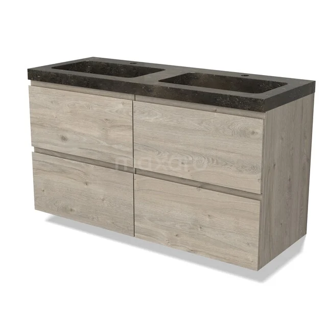 Wooden bathroom furniture with double black sink, modern appearance, spacious storage drawers and durable material.
