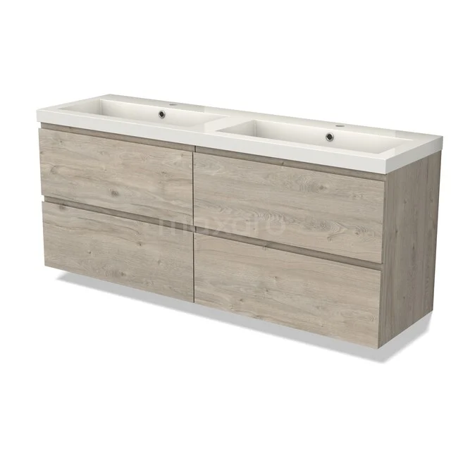 Holz Badezimmermöbel mit Doppelwaschbecken, heller Eiche Oberflächenbehandlung, modernes Design und geräumigen Stauraumfächern.