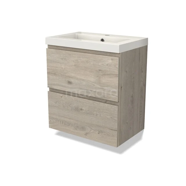 Holz Badezimmermöbel mit zwei Schubladen, heller Eicheoptik, weißem Waschbecken, ideal für moderne und kompakte Badezimmereinrichtungen.