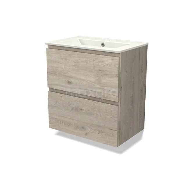 Houten badkamermeubel met wastafel, licht eiken kleur, twee lades en modern design voor stijlvolle badkamerruimte.