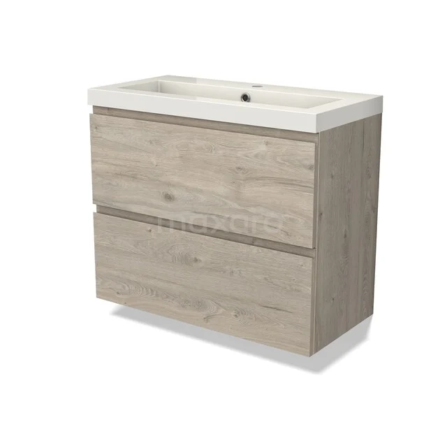 Houten badkamermeubel met natuurlijke eikenlook, twee lades en een witte keramische wastafel, ideaal voor moderne badkamers.