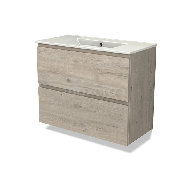 Wooden bathroom furniture with sink, light oak colour, 2 drawers without handles, sleek design, perfect for modern bathrooms.