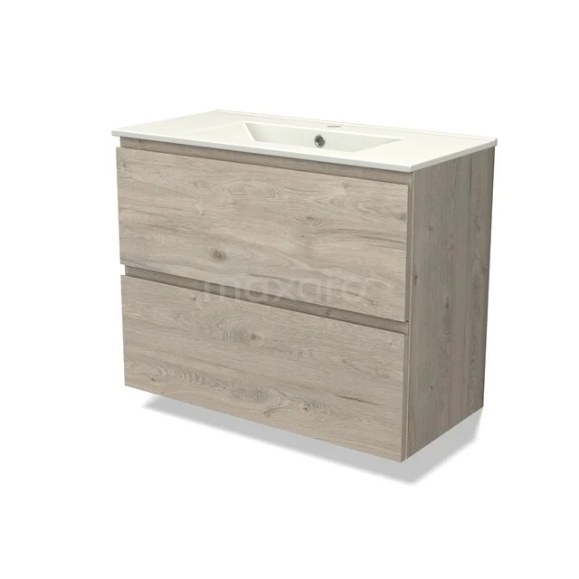 Wooden bathroom furniture with sink, 2 drawers in light oak finish, modern design and suitable for a stylish bathroom decor.