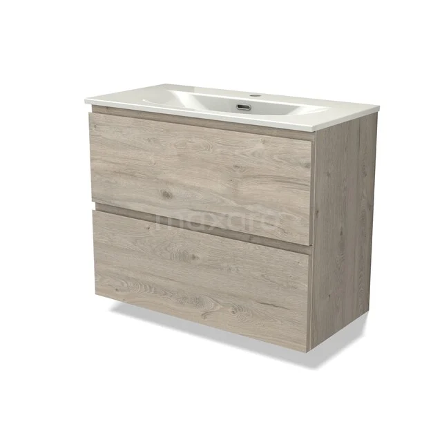 Houten badkamermeubel met witte wastafel, twee lades en een modern design, ideaal voor een stijlvolle badkamerinrichting.