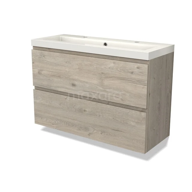 Houten badkamermeubel met wasbak, licht eiken design, twee lades, ideaal voor moderne badkameropslag.