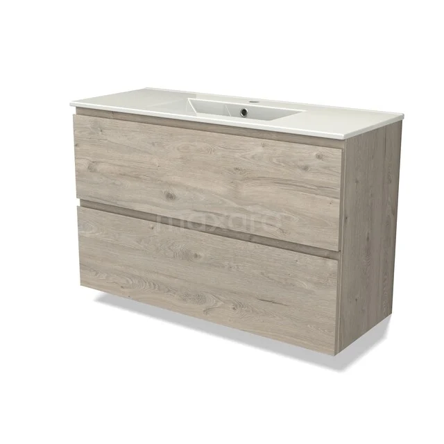 Houten badkamermeubel met lichte eiken finish, twee lades en geïntegreerde wastafel, perfect voor moderne badkamerinrichting.