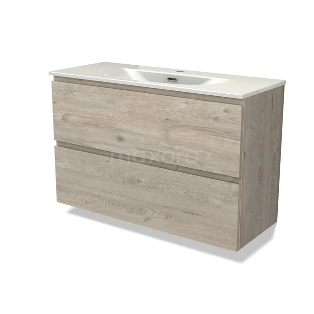 Houten badkamermeubel met dubbele lade, licht eiken afwerking, inclusief keramische wastafel, modern design.
