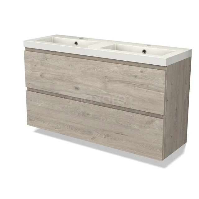 Modulo Slim Vanity units with basin | 120 cm Light grey oak Handle-less front Mineral marble 2 Stacked drawers BMW37-01054 Houten badkamermeubel met twee witte wastafels, Scandinavisch design, met lade-opslag voor een moderne en functionele badkamer.