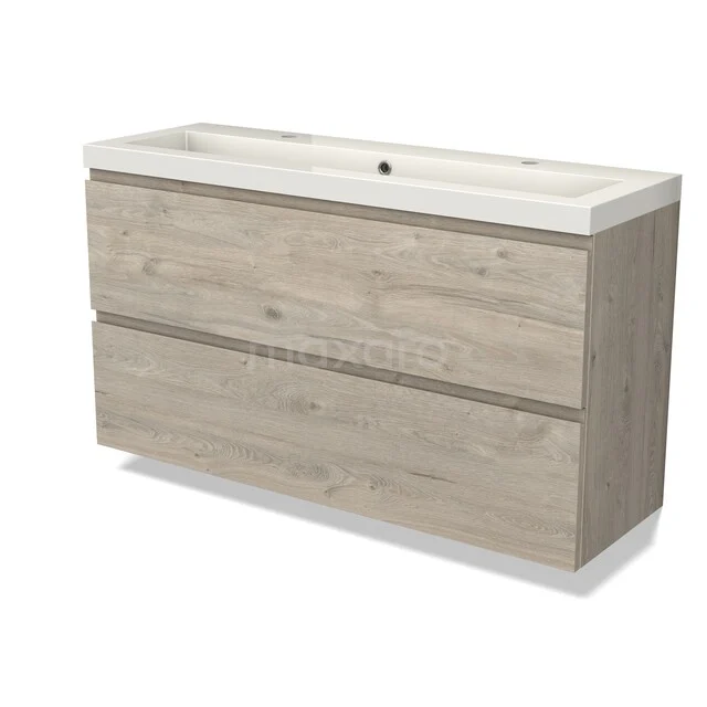 Houten badkamermeubel met twee lades en witte keramische wastafel, modern design en natuurlijk eiken uitstraling.
