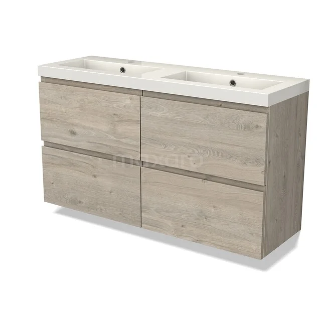 Holz-Badmöbel mit Doppelwaschbecken, moderne Eichenoptik, vier Schubladen, ideal für stilvolle und praktische Bäder.