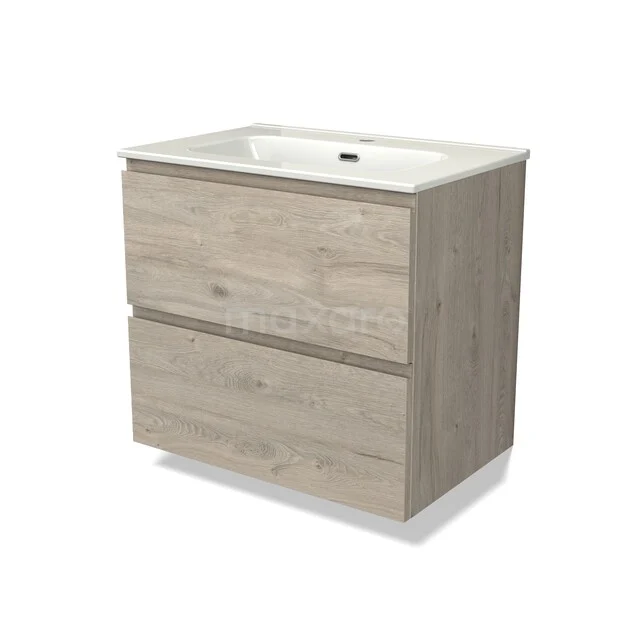 Modulo Vanity units with basin | 70 cm Light grey oak Handle-less front Ceramic 2 Stacked drawers BMW17-05750 Houten wastafelmeubel met 2 lades, naturel eiken-look, compact ontwerp, ideaal voor moderne badkamers.