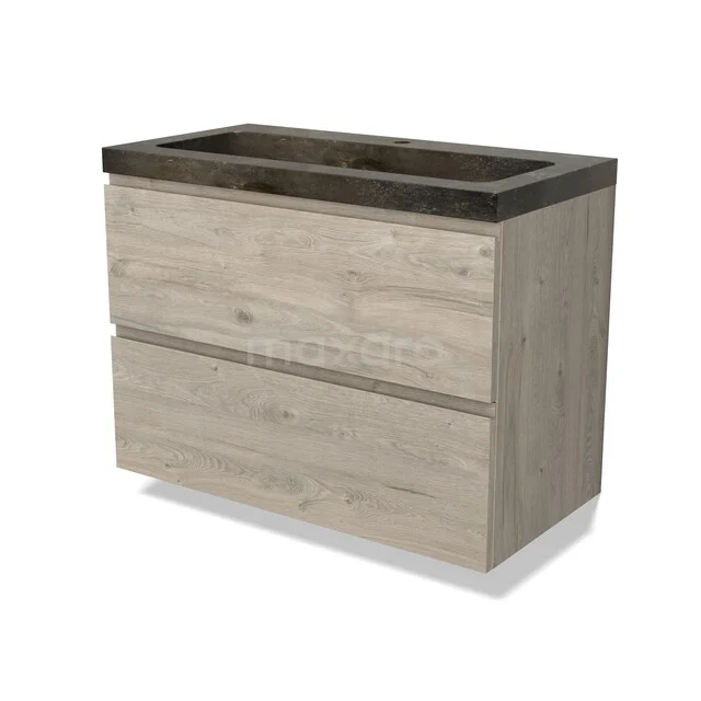 Houten wastafelmeubel met lade, naturel eikenlook, antraciet stenen blad, ideaal voor een stijlvolle moderne badkamer.