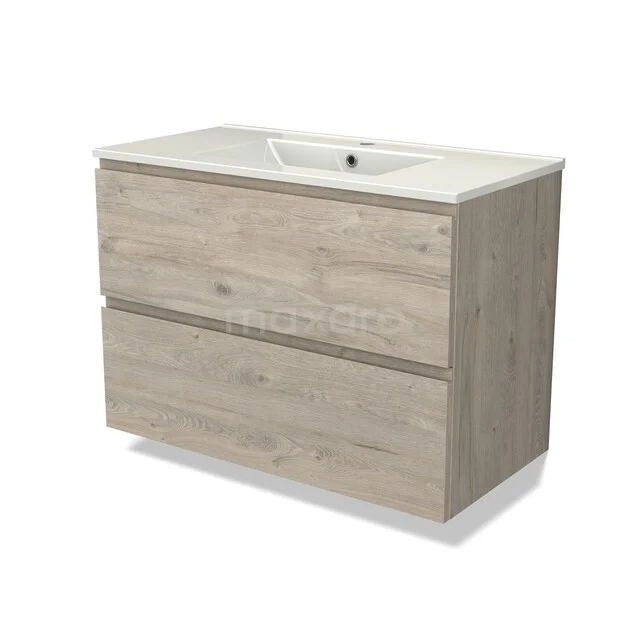 Holz Badezimmermöbel mit zwei Schubladen, heller Eiche Oberfläche, einschließlich weißem Waschbecken, modernes Design für praktische Stauraum.