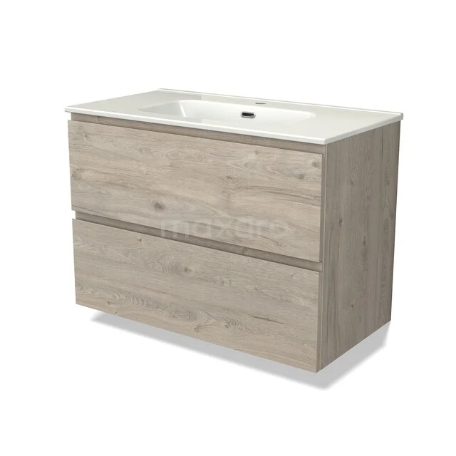 Houten soft-close wastafelmeubel met twee lades en keramische wastafel, ideaal voor een moderne badkamer inrichting.