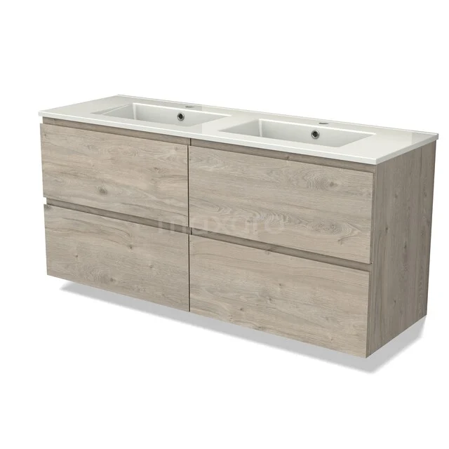 Modulo Vanity units with basin | 140 cm Light grey oak Handle-less front Ceramic 4 drawers BMW18-01371 Houten badkamermeubel met dubbele wastafel, licht eikenlook, vier lades en strak design voor moderne badkamers.