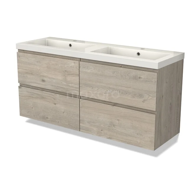 Modulo Bathroom furniture with sink | 140 cm Light grey oak Handle-less front Mineral marble 4 drawers BMW18-01373 Wooden bathroom cabinet with double sink, light oak finish, sleek design and four spacious drawers.