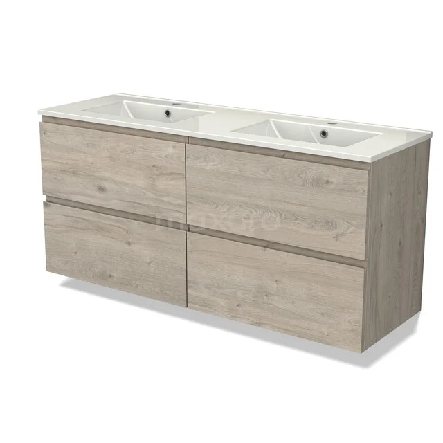 Badmöbel mit Waschbecken Modulo BMW18-01374 Holz Doppel Waschtisch mit Schubladen, helle Eiche Oberflächen, modernes Design für Badezimmerorganisation.