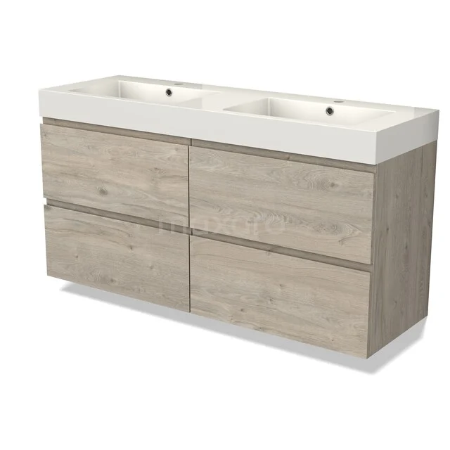 Modulo Bathroom furniture with sink | 140 cm Light grey oak Handle-less front Mineral marble 4 drawers BMW18-01375 Double sink unit with wood look, four drawers and white ceramic sink, ideal for a modern bathroom design.