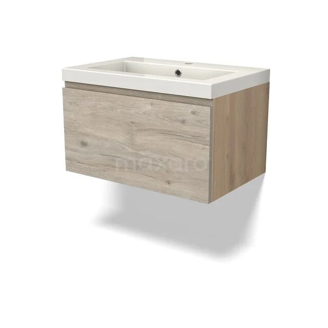 Modulo Badkamermeubel met wastafel | 70 cm Lichtgrijs eiken Greeploos front Mineraalmarmer 1 lade BMW11-05015 Houten badkamermeubel met lade, natuurlijke eikenlook en witte wastafel, ideaal voor een moderne en sfeervolle badkamer.