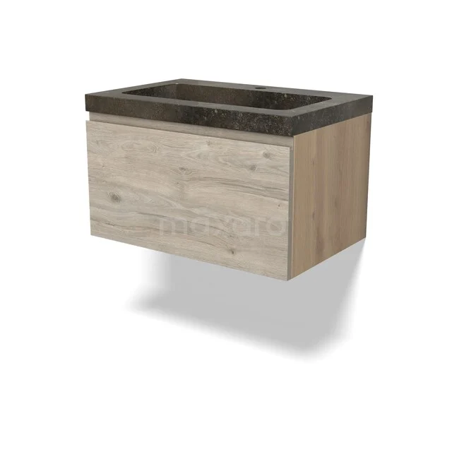 Modulo Badkamermeubel met wastafel | 70 cm Lichtgrijs eiken Greeploos front Natuursteen 1 lade BMW11-05016 Houten badkamermeubel met betonlook wastafel, zwevend ontwerp, ideaal voor een moderne badkamerstijl.