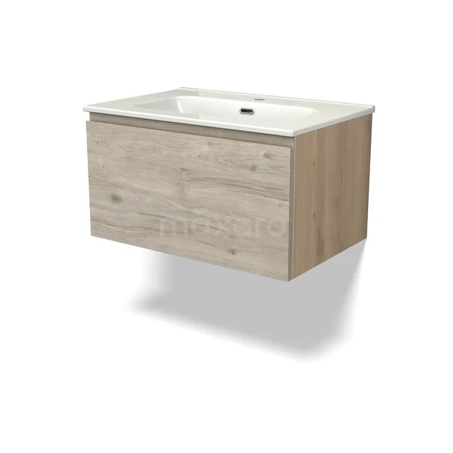 Modulo Badkamermeubel met wastafel | 70 cm Lichtgrijs eiken Greeploos front Keramiek 1 lade BMW11-05018 Wandhangend badkamermeubel in eikenhoutlook met rechthoekige witte wastafel, ideaal voor een moderne badkamerstijl.