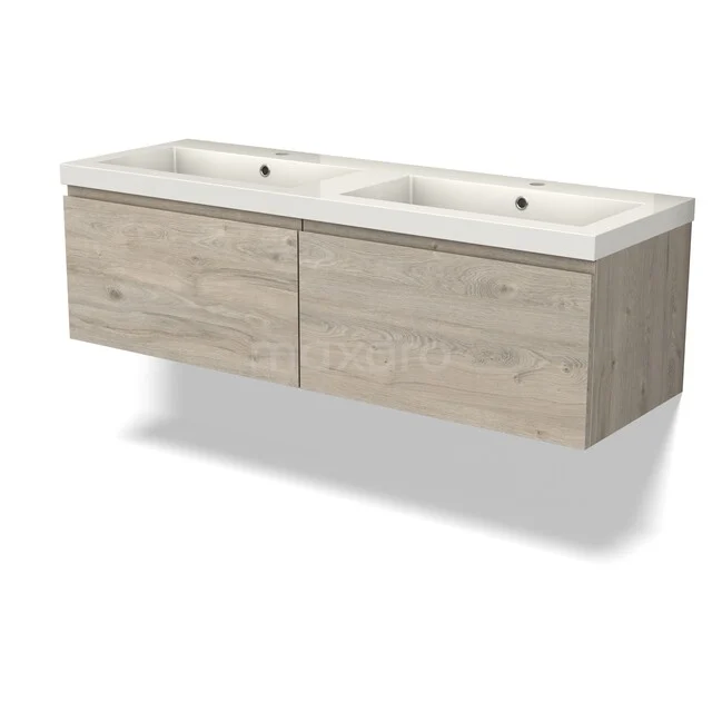 Modulo Badkamermeubel met wastafel | 140 cm Lichtgrijs eiken Greeploos front Mineraalmarmer 2 lades naast elkaar BMW12-01224 Houten wastafelmeubel met dubbele wastafel, licht eiken finish, geschikt voor moderne badkamerinrichting.