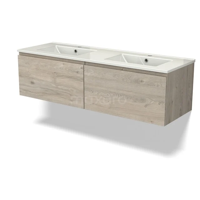 Wooden bathroom cabinet with double sink, light oak colour, floating design, ideal for modern bathrooms.